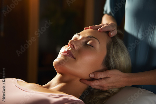 Ai generative portrait of masseur work manual therapist making anti aging face massage in spa center