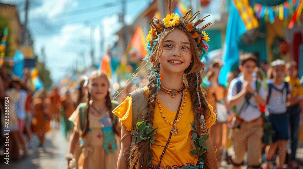 A vibrant parade with children in costumes, carrying banners and flags, walking down a sunny street during a lively Children's Day event A vibrant parade with children in costumes, carrying banners and flags, walking down a sunny street during a lively Children's Day event