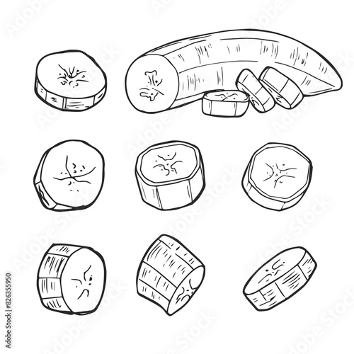 Sketch of a banana slice. Graphic vector of hand drawn peeled banana slice, black and white illustration on isolated background. Doodle style