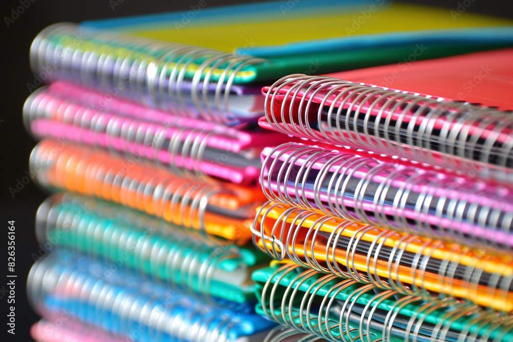 Stack of colorful notepads with metal spiral close-up Stack of colorful notepads with metal spiral close-up
