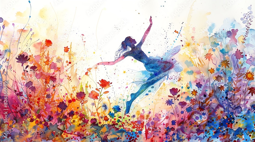 This watercolor painting depicts a woman dancing joyfully through a field of flowers. The woman is wearing a flowing blue dress. This watercolor painting depicts a woman dancing joyfully through a field of flowers. The woman is wearing a flowing blue dress.