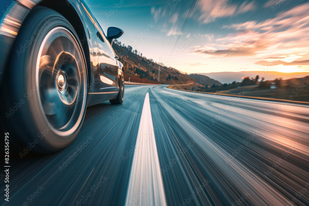 A sports car accelerating on a highway, captured from a low angle towards the front, with the car sharp and the road and landscape blurred to show speed. A sports car accelerating on a highway, captured from a low angle towards the front, with the car sharp and the road and landscape blurred to show speed.
