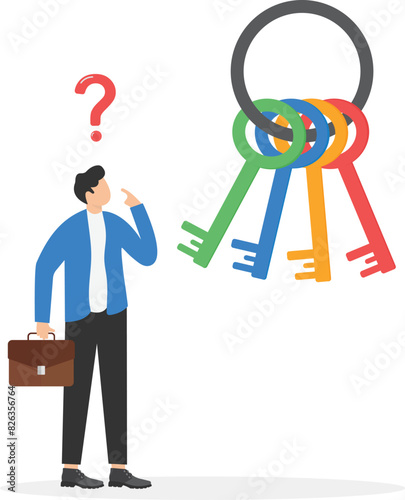 The concept of forgot passwords, account protection, ask questions. illustration of a man who is confused about choosing the correct key because he forgot his security key

