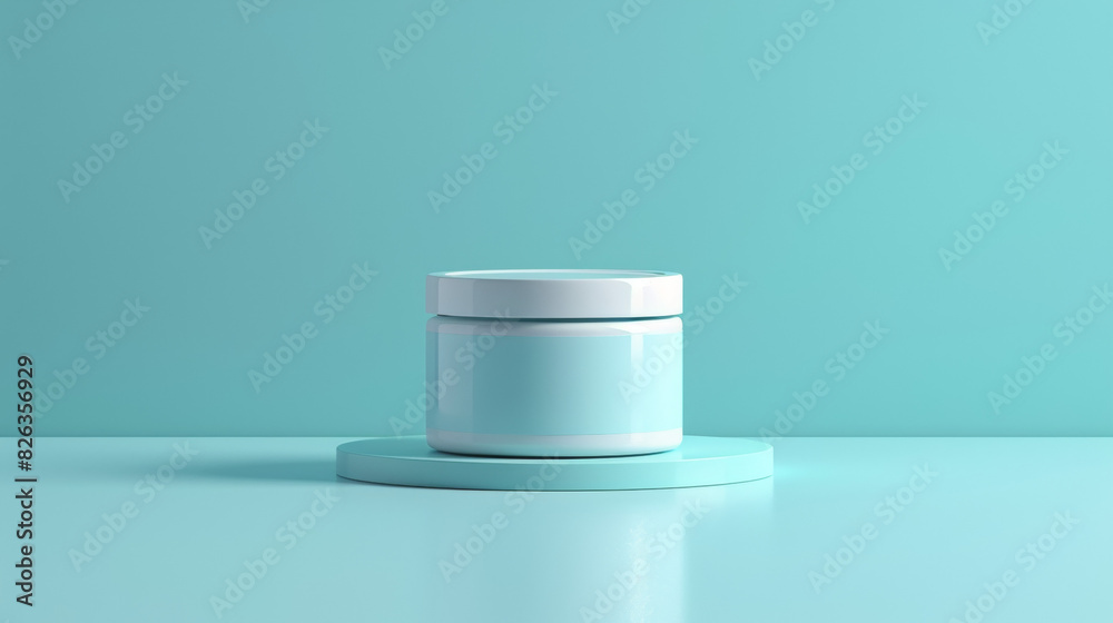 A jar of cream is sitting on a blue surface A jar of cream is sitting on a blue surface