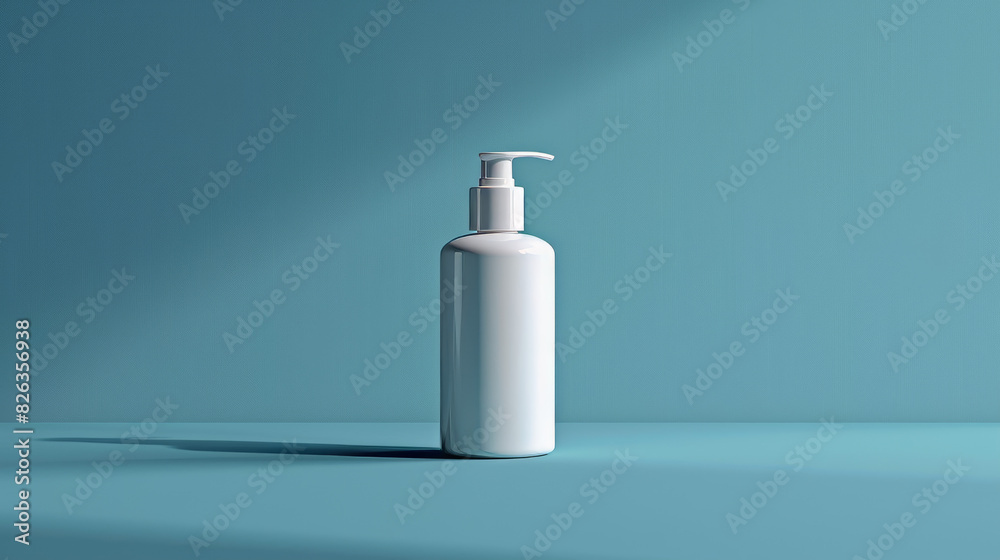 A white bottle of lotion sits on a blue surface A white bottle of lotion sits on a blue surface
