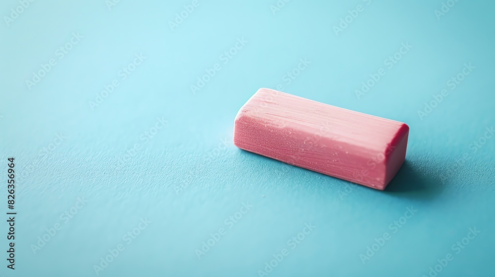 A close-up image of a pink rectangular eraser on a blue background. The eraser is slightly angled and has a smooth surface. A close-up image of a pink rectangular eraser on a blue background. The eraser is slightly angled and has a smooth surface.