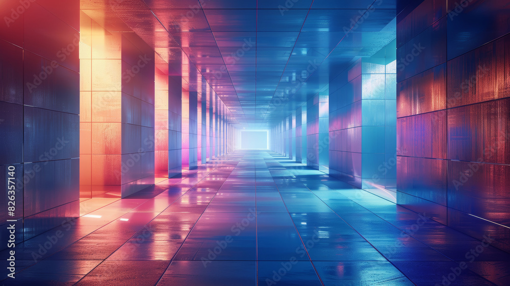 A long, narrow hallway with blue walls and a red and yellow light A long, narrow hallway with blue walls and a red and yellow light
