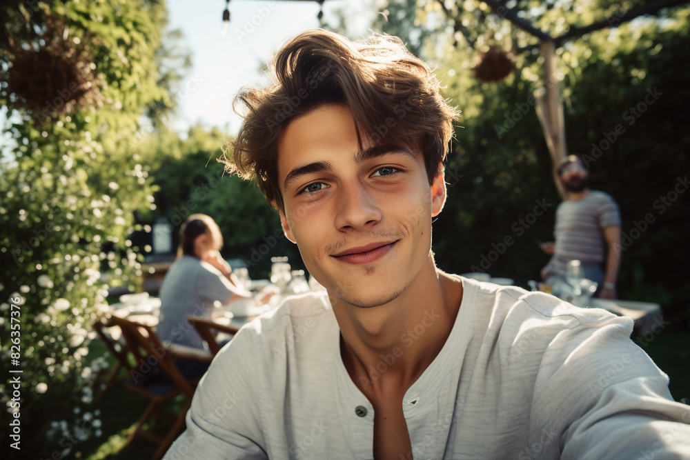 AI generated image of a happy cheerful nice man make video selfie on a summer picnic AI generated image of a happy cheerful nice man make video selfie on a summer picnic