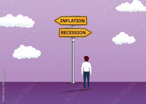 Traffic sign with two options, Inflation or recession choice