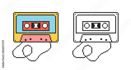 Audio cassette in pixel style on white background