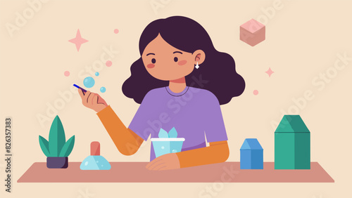 A young girl carefully follows the instructions for a crystal growing kit discussing the science behind the process and the satisfaction of seeing the. Vector illustration