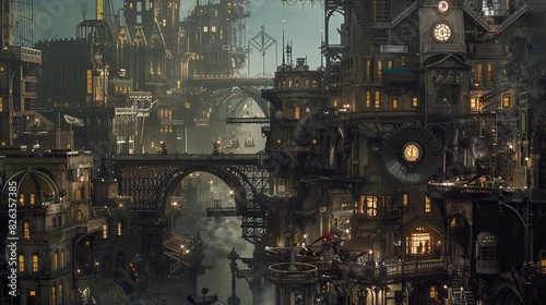 Steampunk-inspired mechanical city with clockwork buildings  photo