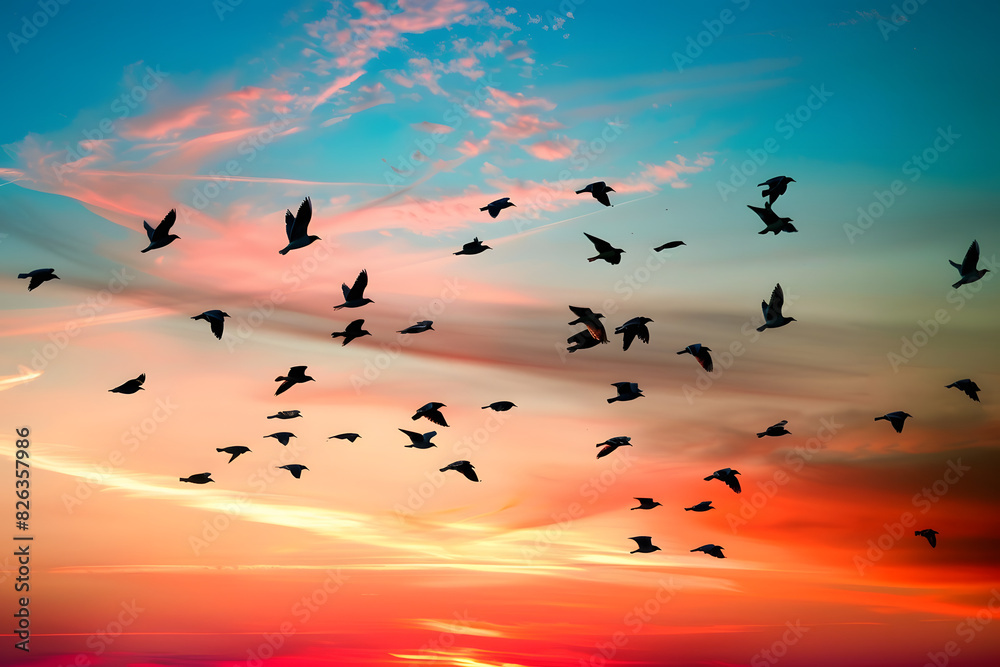 Fototapeta premium A flock of birds flying in the sky at sunset