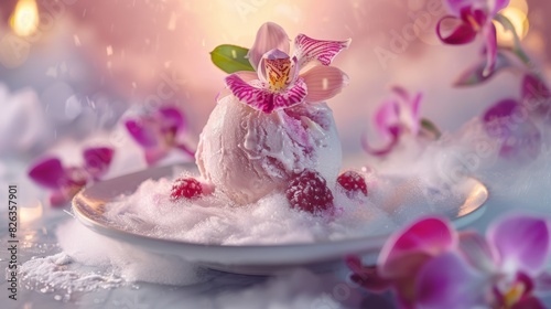 A refined dessert of durian ice cream decorated with a purple Royal Thai Orchid, photographed with soft lighting.