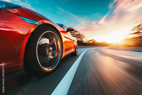 A sports car accelerating on a highway, captured from a low angle towards the front, with the car sharp and the road and landscape blurred to show speed. photo