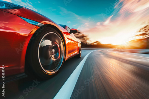 A sports car accelerating on a highway, captured from a low angle towards the front, with the car sharp and the road and landscape blurred to show speed.
