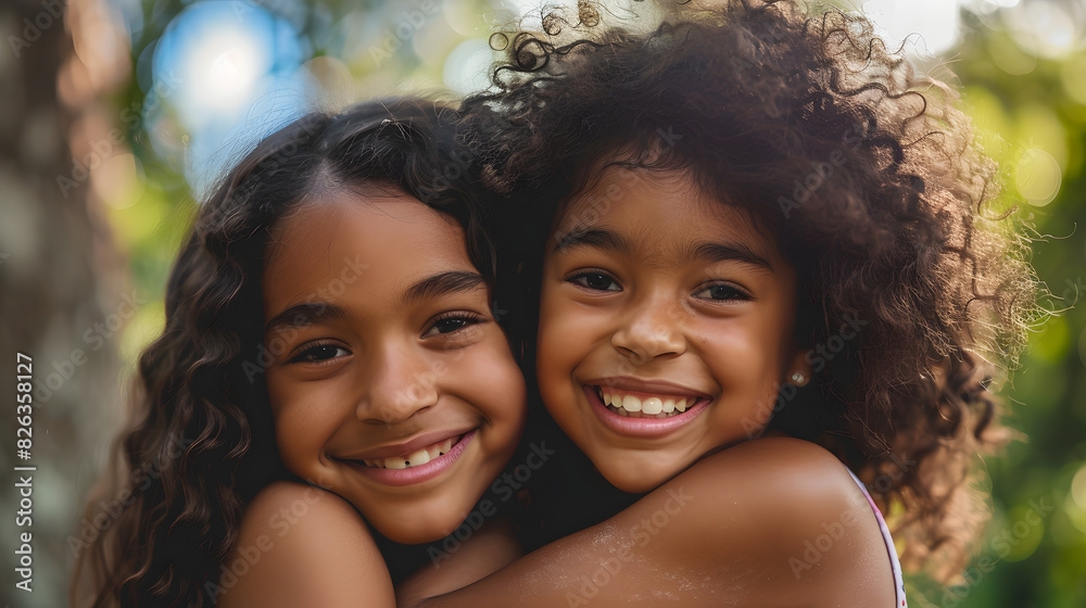 Portrait of happy biracial sisters looking at camera and embracing