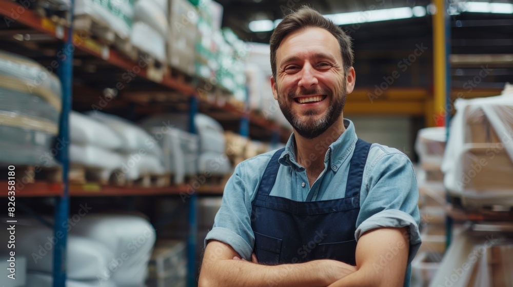 Smiling warehouse worker in an apron standing confidently in front of shelves, representing hard work, fulfillment, and organization in an industrial storage setting Smiling warehouse worker in an apron standing confidently in front of shelves, representing hard work, fulfillment, and organization in an industrial storage setting
