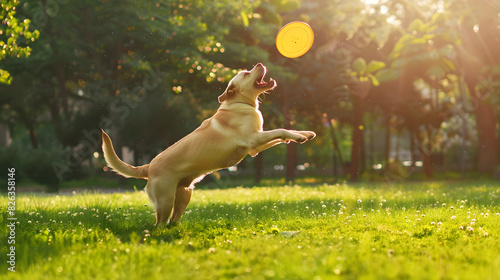 A dog is playing with a frisbee in a park photo