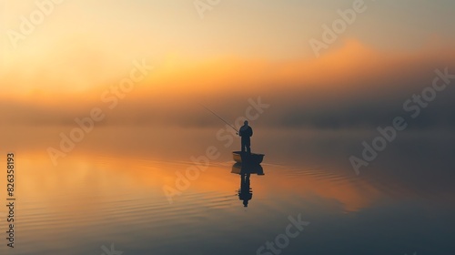 A lone fisherman in a small boat on a misty lake at sunrise. The still water reflects the sky, boat and man. The scene is peaceful and serene.