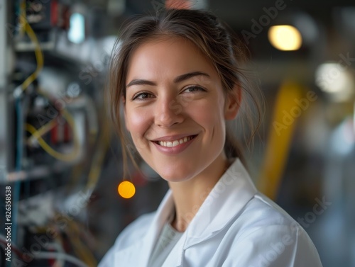An Electrical Engineer female wearing a lab coat , standing in front of an electrical panel or circuitry, smiling and looking into the camera