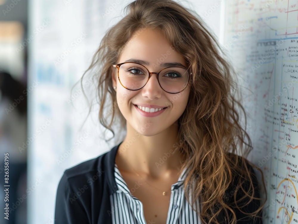 A Systems Analyst female wearing business casual, standing in front of a whiteboard with system diagrams or flowcharts, smiling A Systems Analyst female wearing business casual, standing in front of a whiteboard with system diagrams or flowcharts, smiling