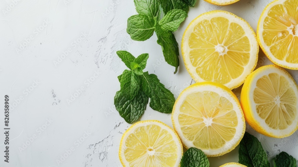 Fresh sliced lemons with mint leaves on white background Fresh sliced lemons with mint leaves on white background