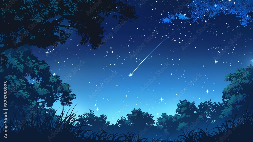 The night sky is full of stars. A shooting star streaks across the sky. The trees are silhouetted against the night sky. The grass is dark and green. The night sky is full of stars. A shooting star streaks across the sky. The trees are silhouetted against the night sky. The grass is dark and green.