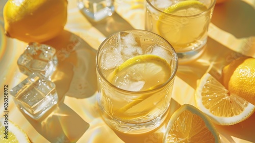 Refreshing lemonade with ice and lemon slices on bright surface photo