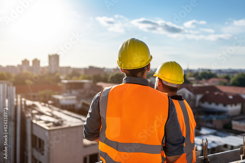 Generative AI picture Portrait of construction worker wearing a protective safety uniform clothes helmet at big building photo