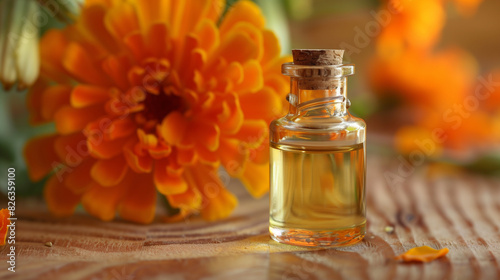 Small bottle of essential oil with marigold flowers in the background