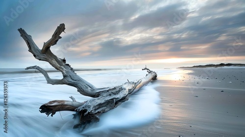 This image shows a beautiful beach scene with a large piece of driftwood on the shore. The sky is cloudy and the sun is setting over the horizon. photo