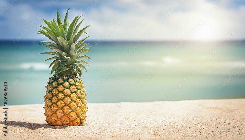 Ai generate of a pineapple on corner of a sunny beach Ai generate of a pineapple on corner of a sunny beach