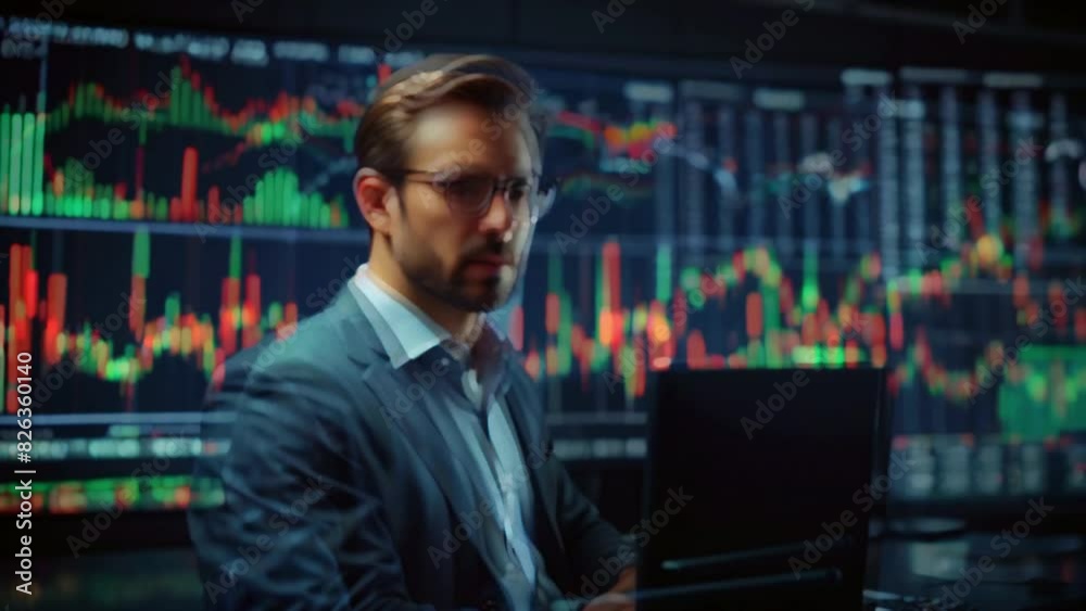 A man in a suit and glasses is sitting at a desk looking at a laptop with a large screen with many stock market graphs and charts behind him. A man in a suit and glasses is sitting at a desk looking at a laptop with a large screen with many stock market graphs and charts behind him.