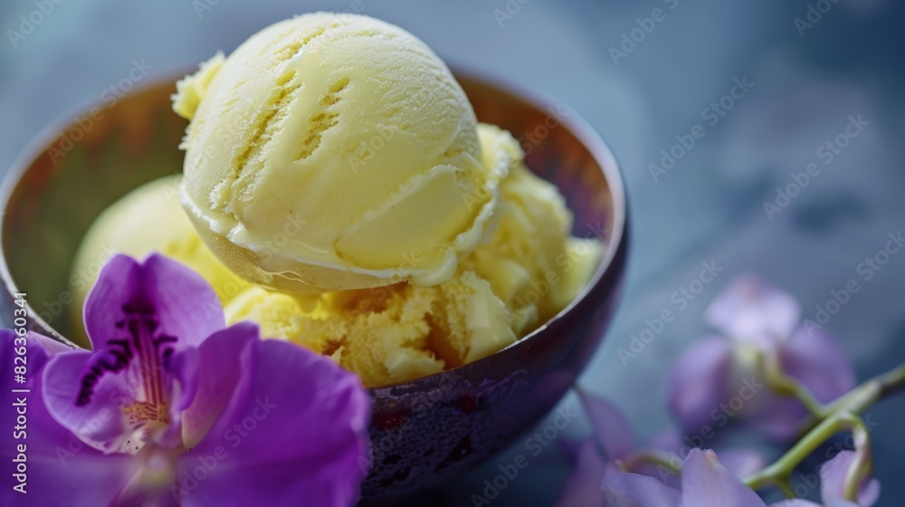 Durian ice cream served with a vibrant Royal Thai Orchid in purple, creating a harmonious blend of colors and flavors. Durian ice cream served with a vibrant Royal Thai Orchid in purple, creating a harmonious blend of colors and flavors.