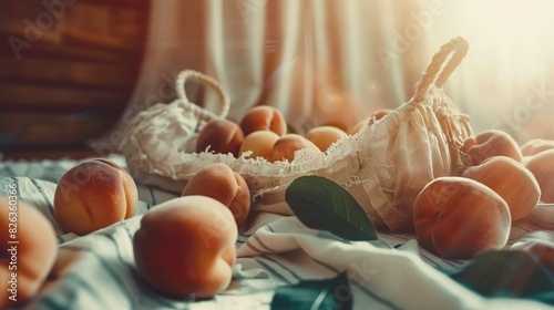   A group of peaches resting atop a table, alongside a sack of peaches on the tablecloth photo
