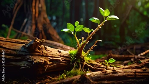 Marvel at the unstoppable force of nature as an AI-generated video animation reveals a plant sprouting from a tree stump, showcasing the innate ability of life to persevere and thrive. photo