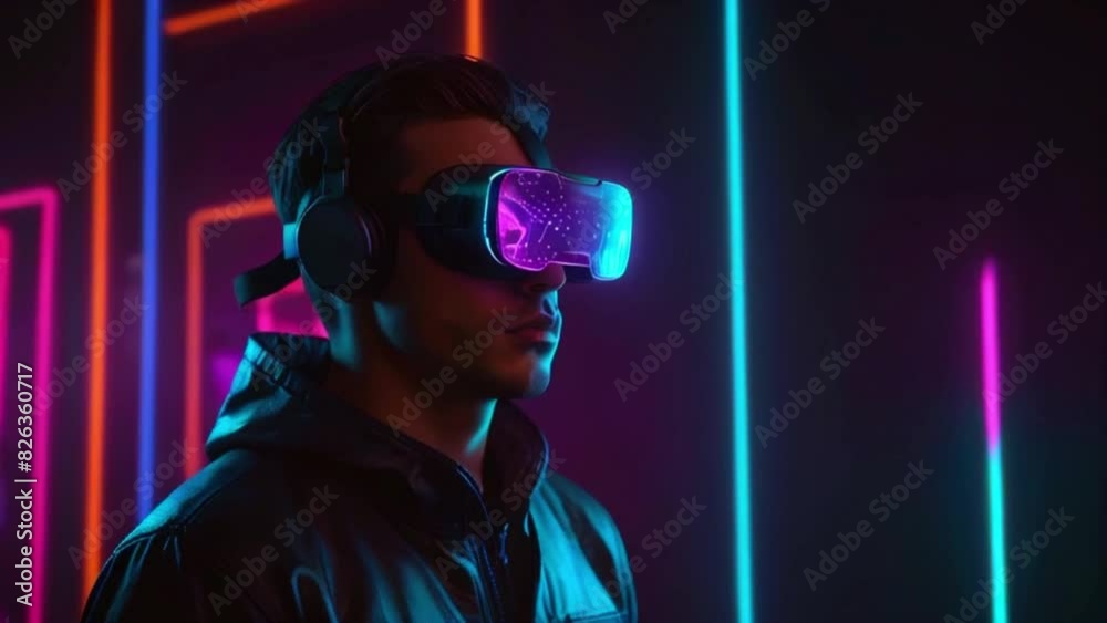 This is a Video of a person wearing a virtual reality headset. The background is dark with bright neon lights. This is a Video of a person wearing a virtual reality headset. The background is dark with bright neon lights.