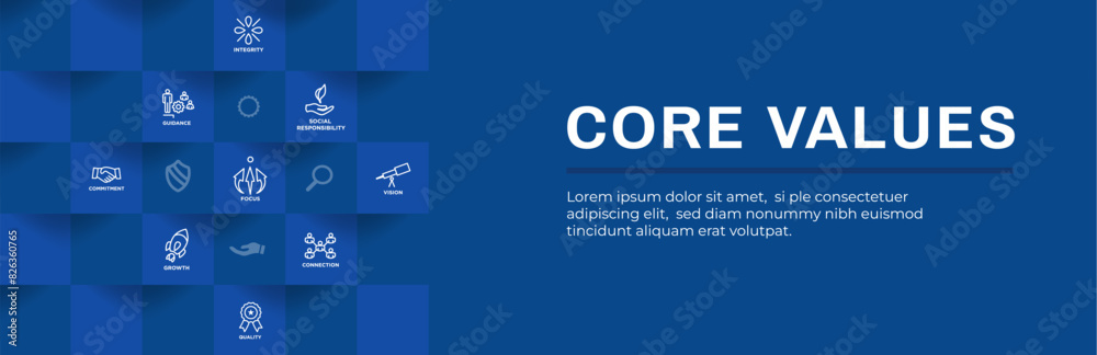 Core Values Web Header Banner with Integrity Mission and Vision Icons Core Values Web Header Banner with Integrity Mission and Vision Icons
