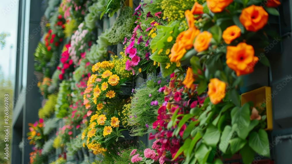 Naklejka premium Innovative vertical garden on the side of a building, showcasing urban sustainability, vibrant and modern