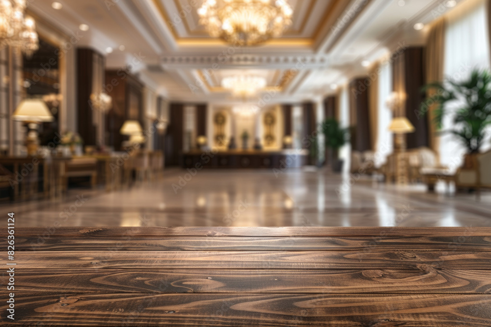 A polished wooden table in the foreground with a blurred background of a luxury hotel lobby. The background includes plush seating, elegant decors, a large chandelier, and a reception desk. A polished wooden table in the foreground with a blurred background of a luxury hotel lobby. The background includes plush seating, elegant decors, a large chandelier, and a reception desk.