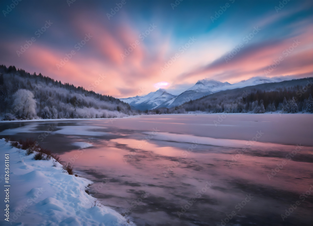 Blurred Landscape of clean snowy ice lake in fig tree forest, winter season cold lake, road covered with soft snow, sunrise in mountain Blurred Landscape of clean snowy ice lake in fig tree forest, winter season cold lake, road covered with soft snow, sunrise in mountain