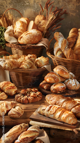 Assorted Freshly Baked Bread on Rustic Wooden Table with Natural Lighting