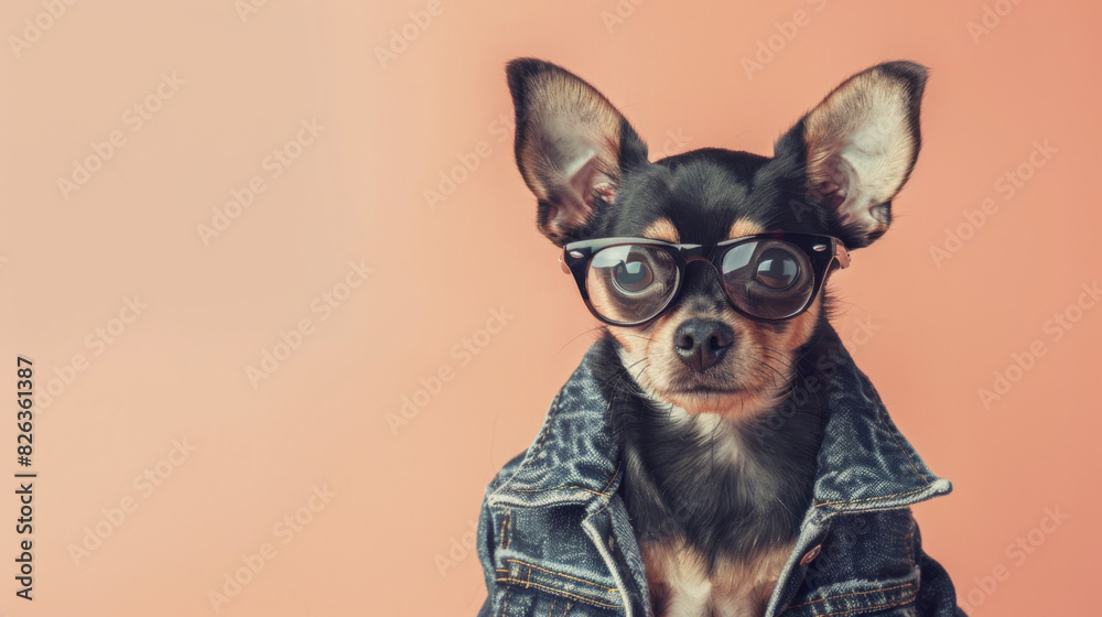 Adorable chihuahua wearing a jean jacket and glasses, against a peach background. Cute and stylish pet portrait for stock photography.