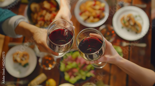 An overhead shot of friends making a wine toast over a dinner table filled with delicious meals