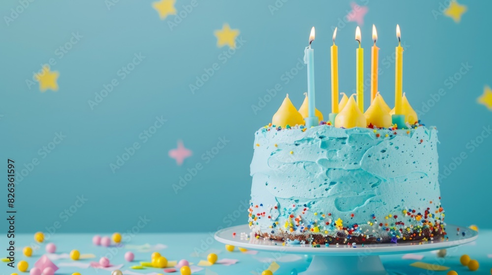 Birthday cake with blue frosting and yellow birthday candles sits to ...