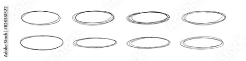 Hand drawn oval and circular shapes with pen and pencil. Scribbles, doodles, and brush strokes. sketch marker highlights and handwritten notes. Flat vector illustration isolated on white background.