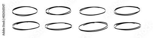 Hand drawn oval and circular shapes with pen and pencil. Scribbles, doodles, and brush strokes. sketch marker highlights and handwritten notes. Flat vector illustration isolated on white background.
