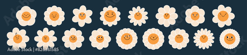 Cute daisy face with happy smile, groovy retro style. 70s hippy icon, kawaii cartoon character. Sunflower and chamomile flower pattern . Floral sticker for kids. Flat vector illustration isolated 