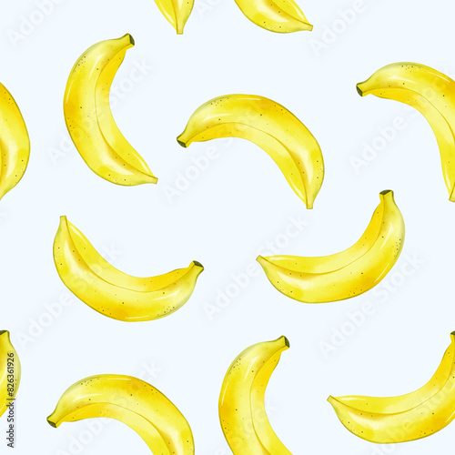 Watercolor banana background. Seamless pattern with banana fruits. Colorful wallpaper vector.